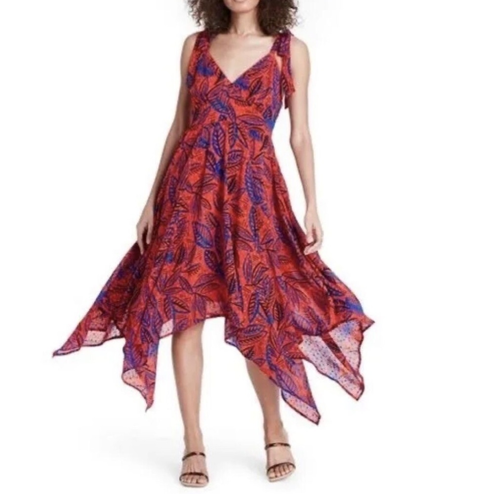 ALEXIS for Target SZ M Tropical Tie Strap Asymmetrical Hem Dress Swiss Dot